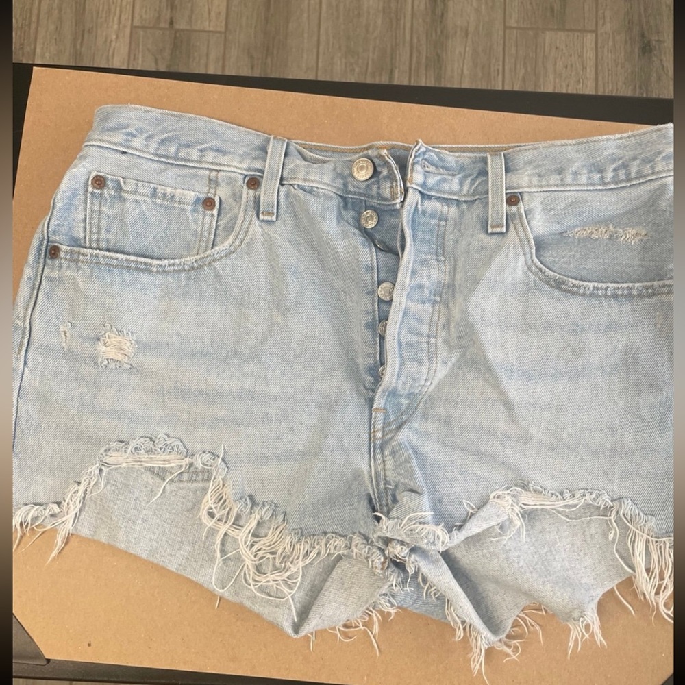 Levi's Light Blue Frayed Denim 501 Shorts
